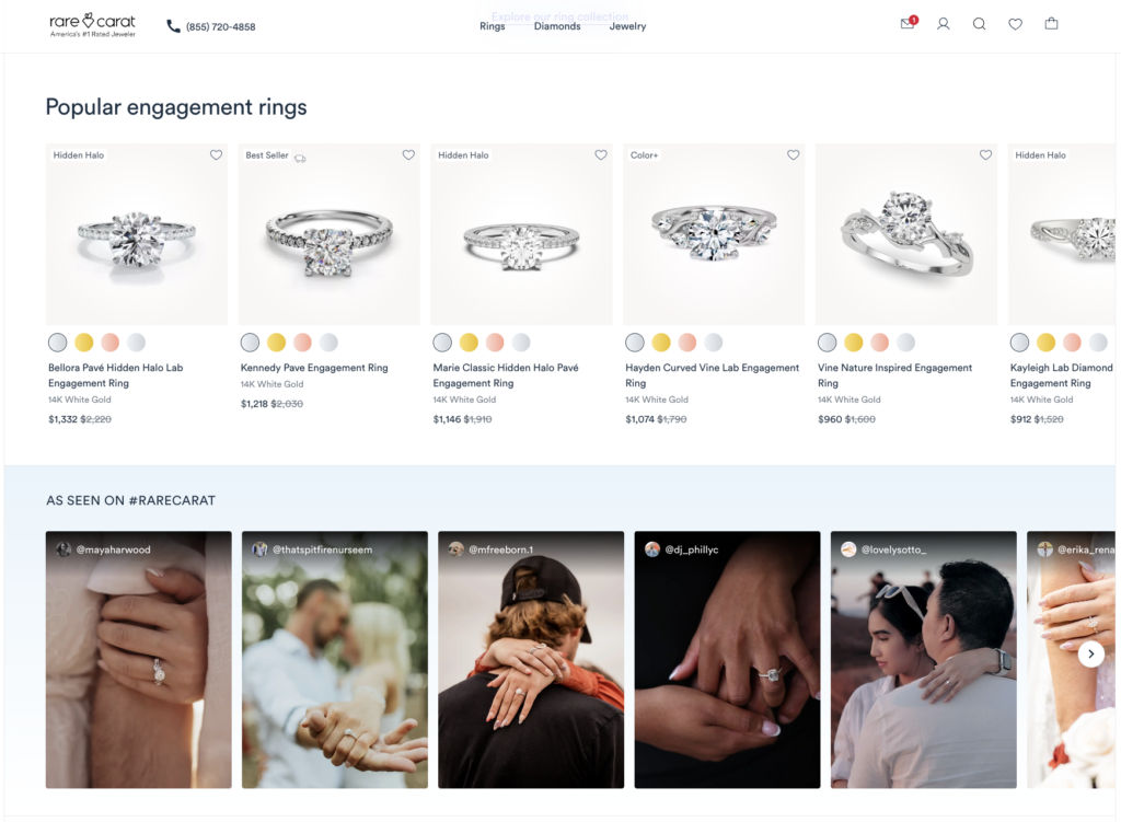 Rare Carat diamond comparison interface showing certified lab-grown and natural diamonds