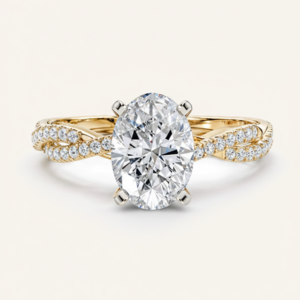 A close-up of an engagement ring displayed on an off-white background