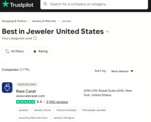 Screenshot of trustpilot's page showing Rare Carat as the top-rated "best in jeweler United States"