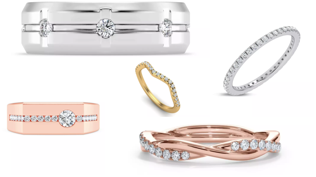 Composite image of bestsellers from Rare Carat, one of the best places to buy wedding rings and bands