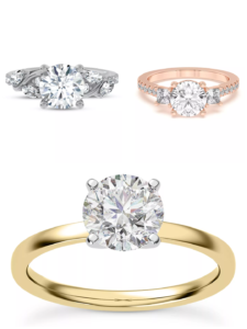 Engagement rings in three different metal settings, white gold, rose gold, and yellow gold