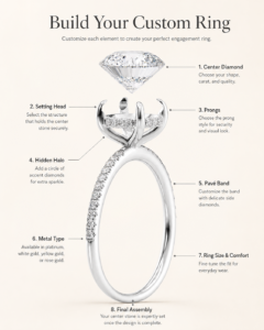 Diagram showing how to build a custom engagement ring at Rare Carat, with eight labeled elements including center diamond, setting head, prongs, hidden halo, pavé band, metal type, ring size, and final assembly.