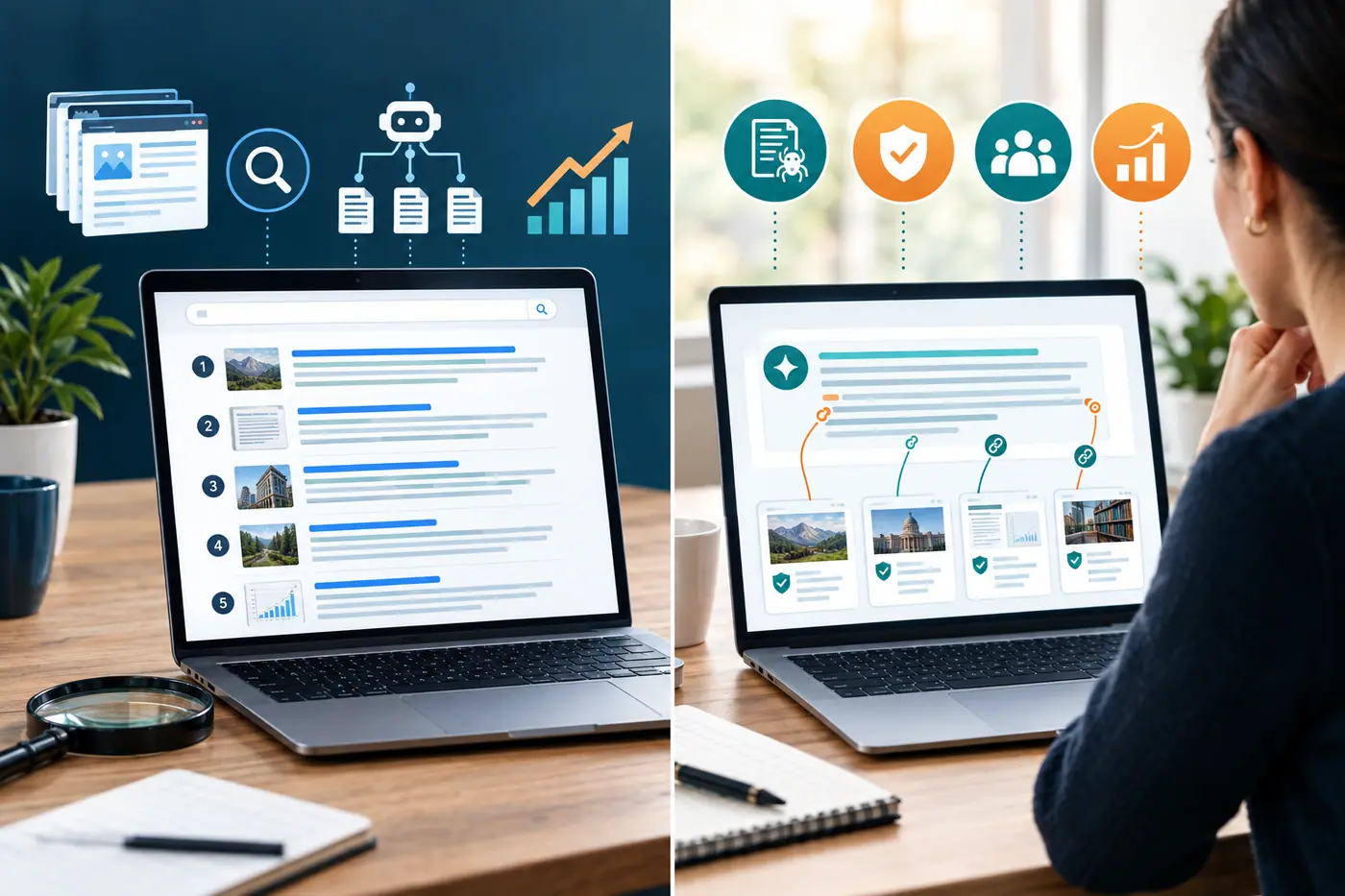 A split-screen illustration comparing traditional search engine optimization with generative engine optimization, showing search results on one side and an AI-generated answer on the other