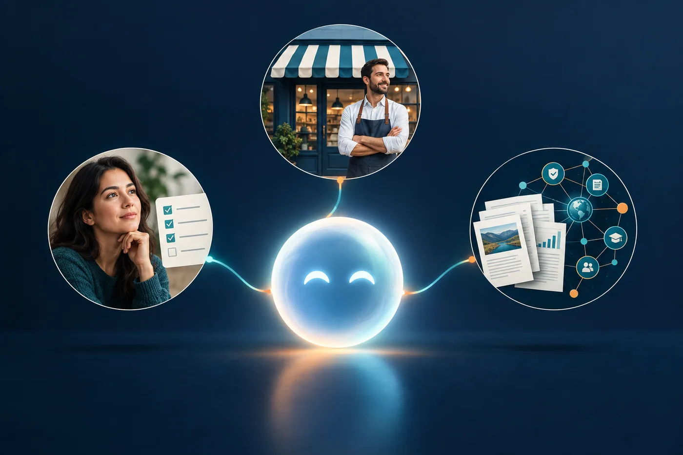 Abstract editorial illustration of an AI assistant evaluating brand information, user needs, and trusted sources before making a recommendation