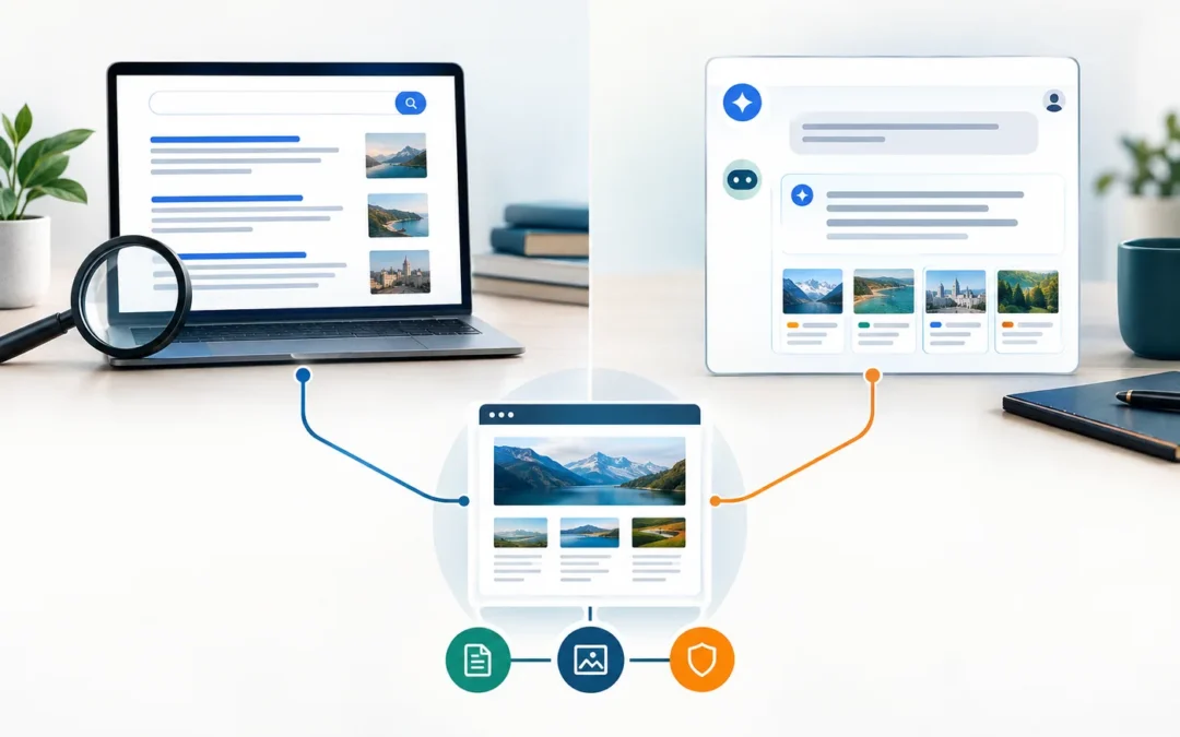 A visual comparison of traditional search results and conversational AI answers, showing how SEO and AEO support different kinds of visibili