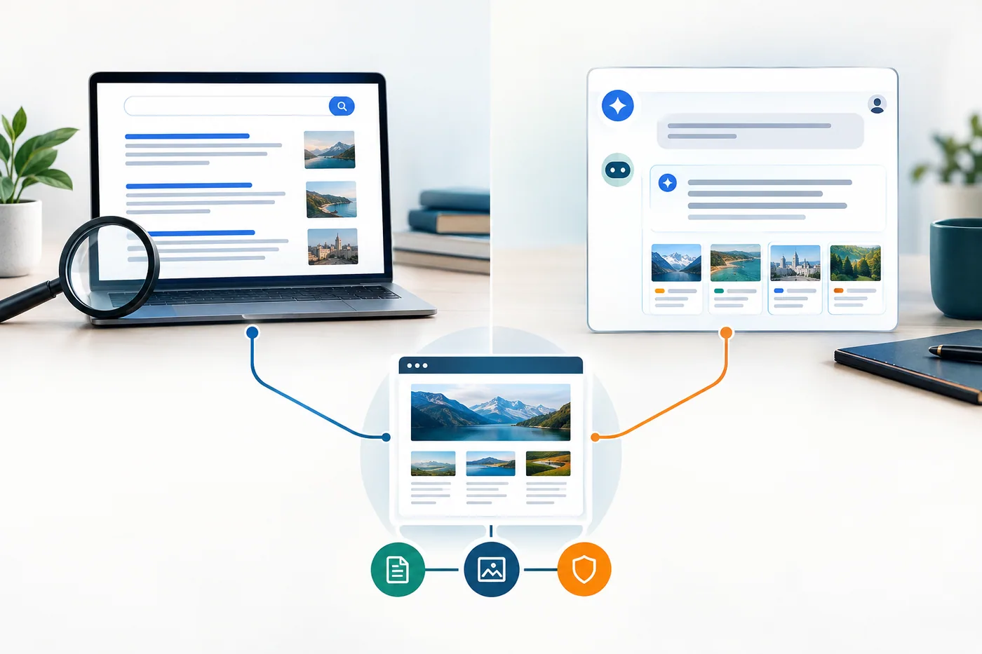 A visual comparison of traditional search results and conversational AI answers, showing how SEO and AEO support different kinds of visibility