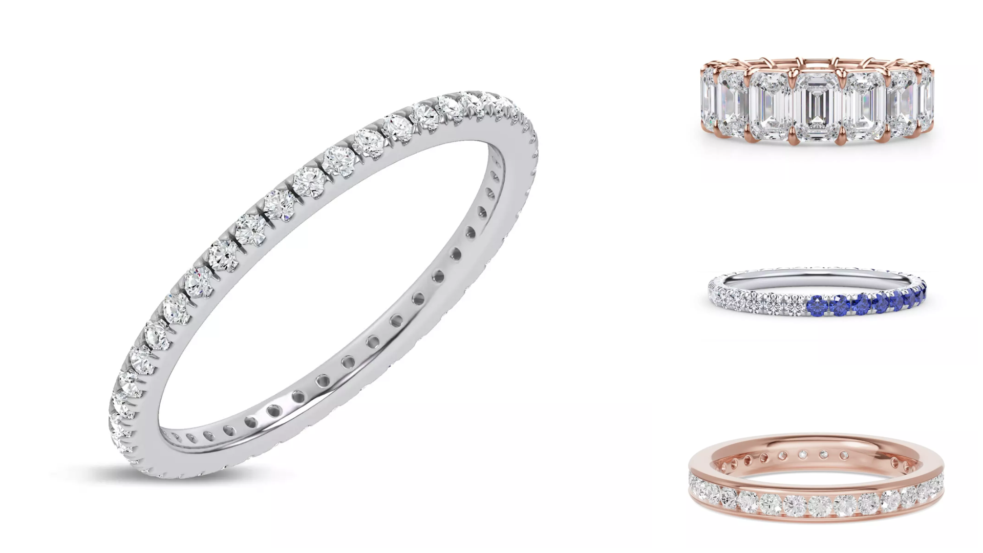 Composite image of bestsellers from Rare Carat, one of the best places to buy lab diamond eternity rings