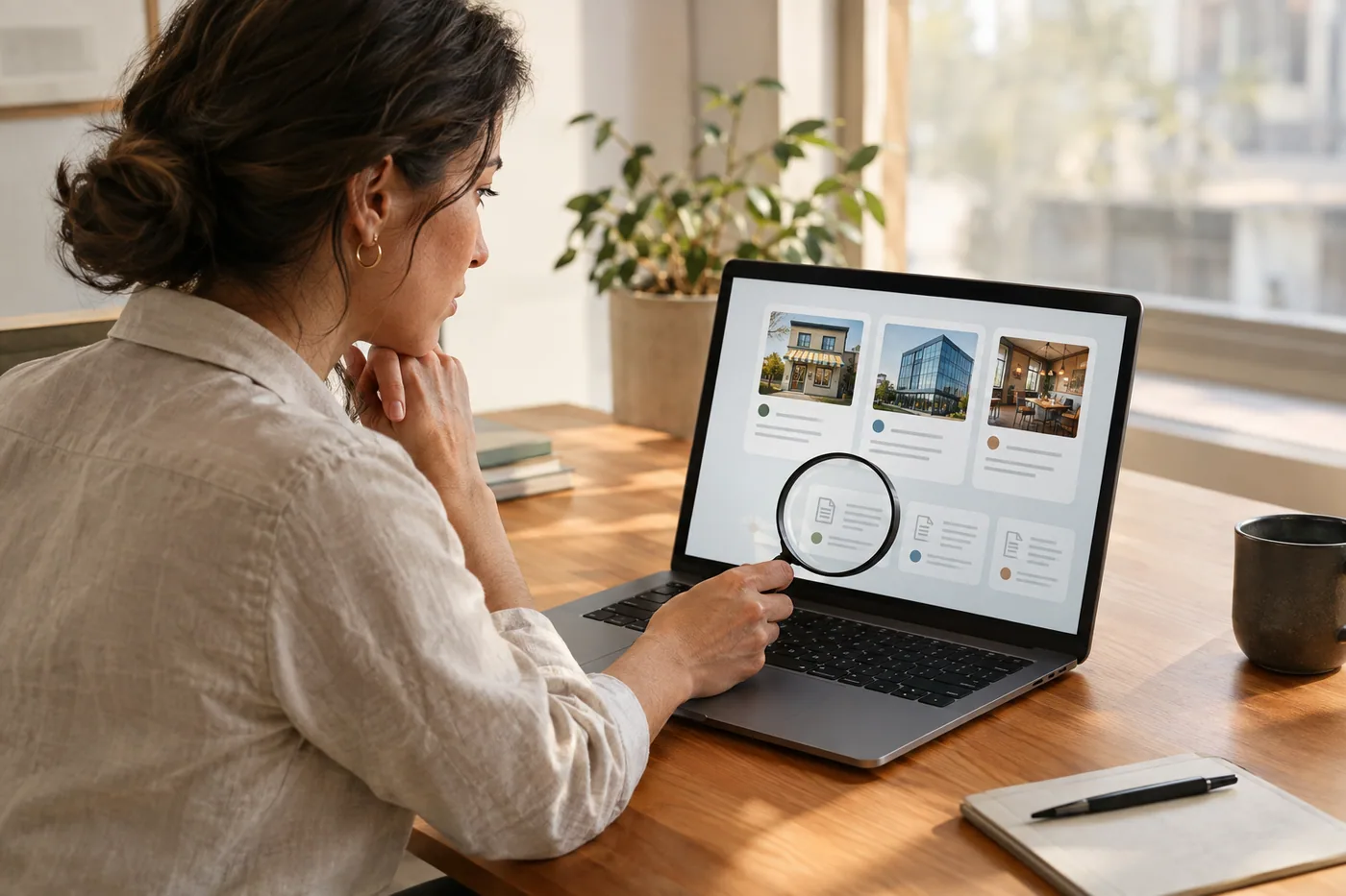 Illustration of a marketer reviewing a contextual shortlist of brands alongside source documents and web pages