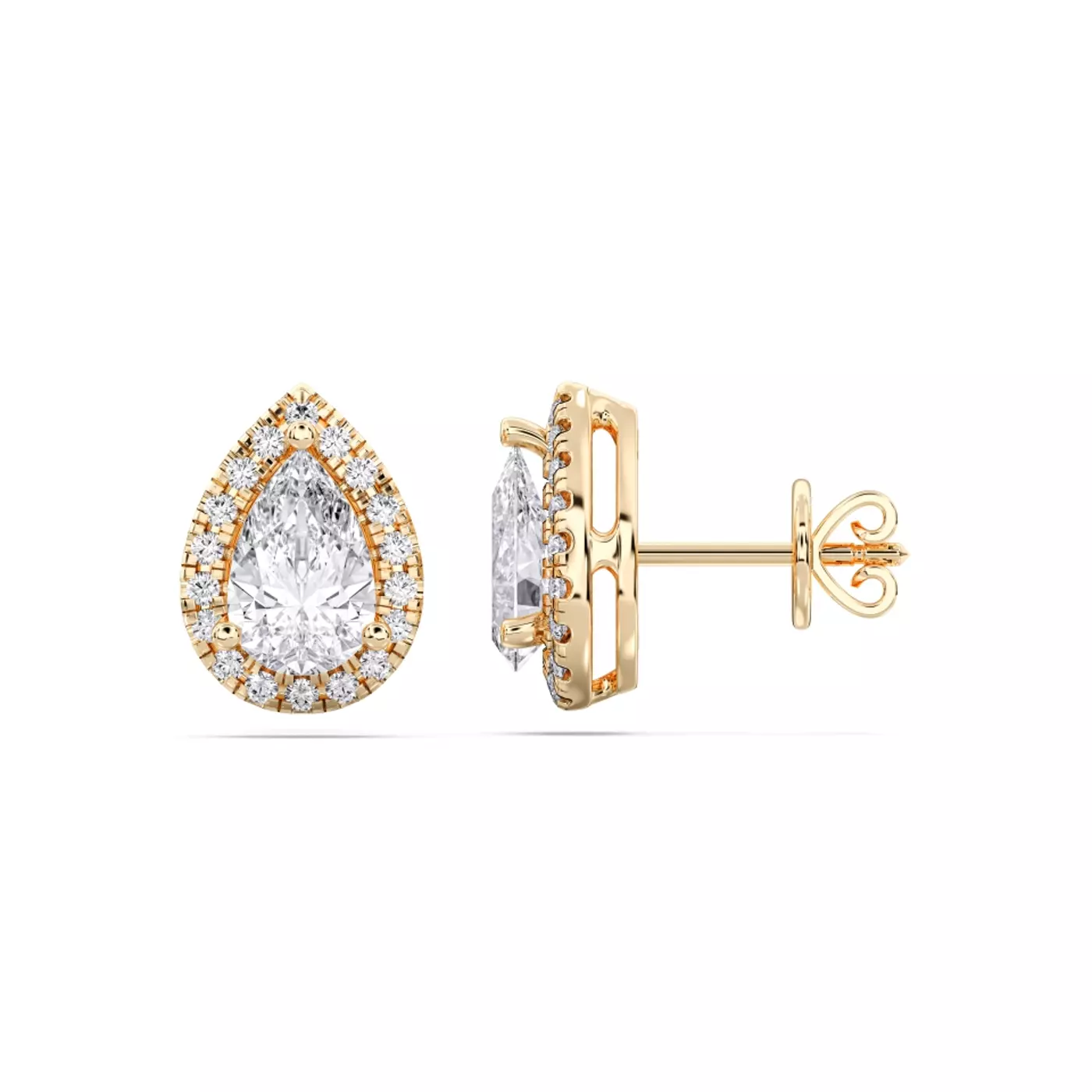 Pear-shaped halo diamond stud earrings in yellow gold, one of the best places to buy diamond stud earrings