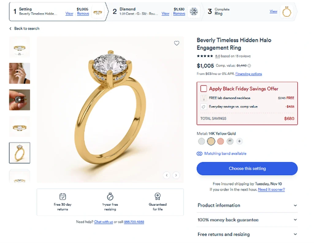 Rare Carat is where to buy engagement rings online, with a $1,005 hidden halo setting and a $1,130 round diamond